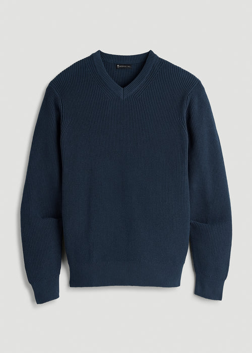Ribbed Knit V-Neck Sweater for Tall Men in Navy Blue