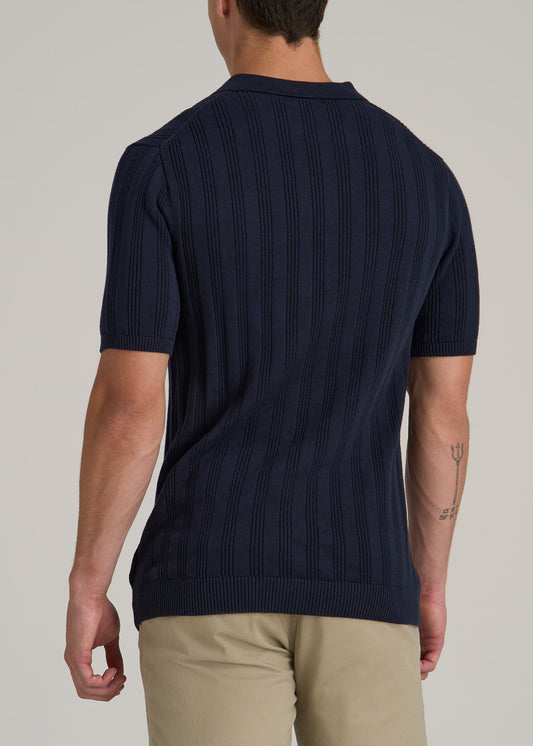 Ribbed Textured Knit Tall Men's Polo Shirt in Deep Indigo