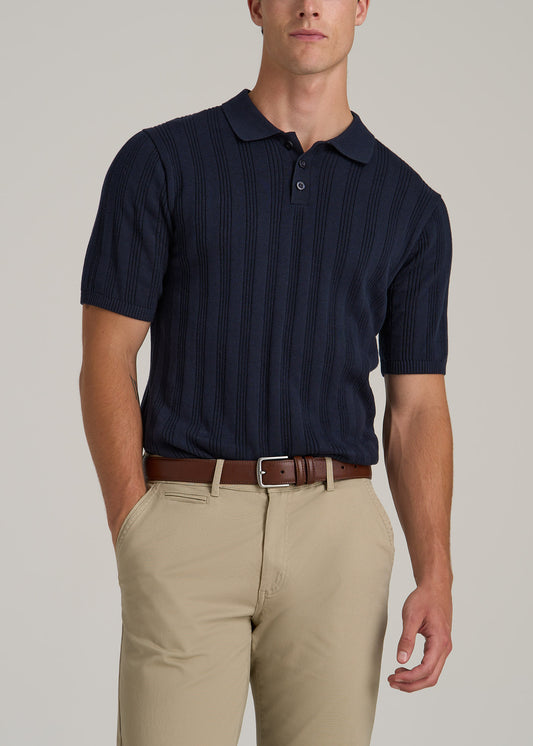 Ribbed Textured Knit Tall Men's Polo Shirt in Deep Indigo