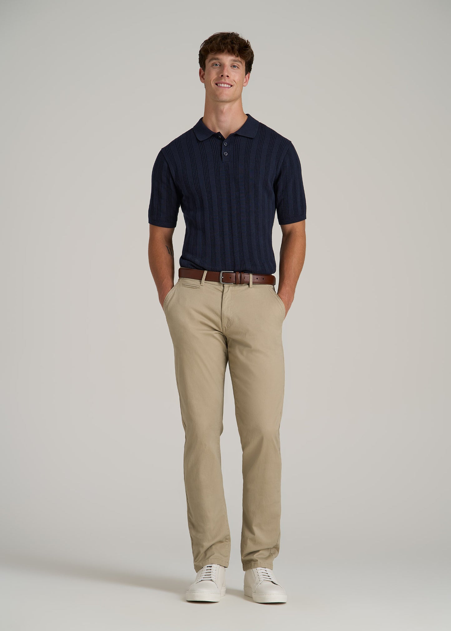 Ribbed Textured Knit Tall Men's Polo Shirt in Deep Indigo