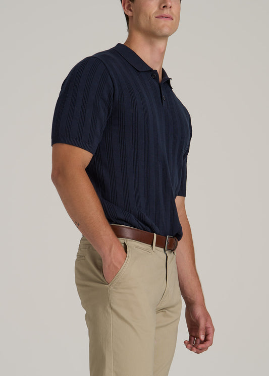 Ribbed Textured Knit Tall Men's Polo Shirt in Deep Indigo