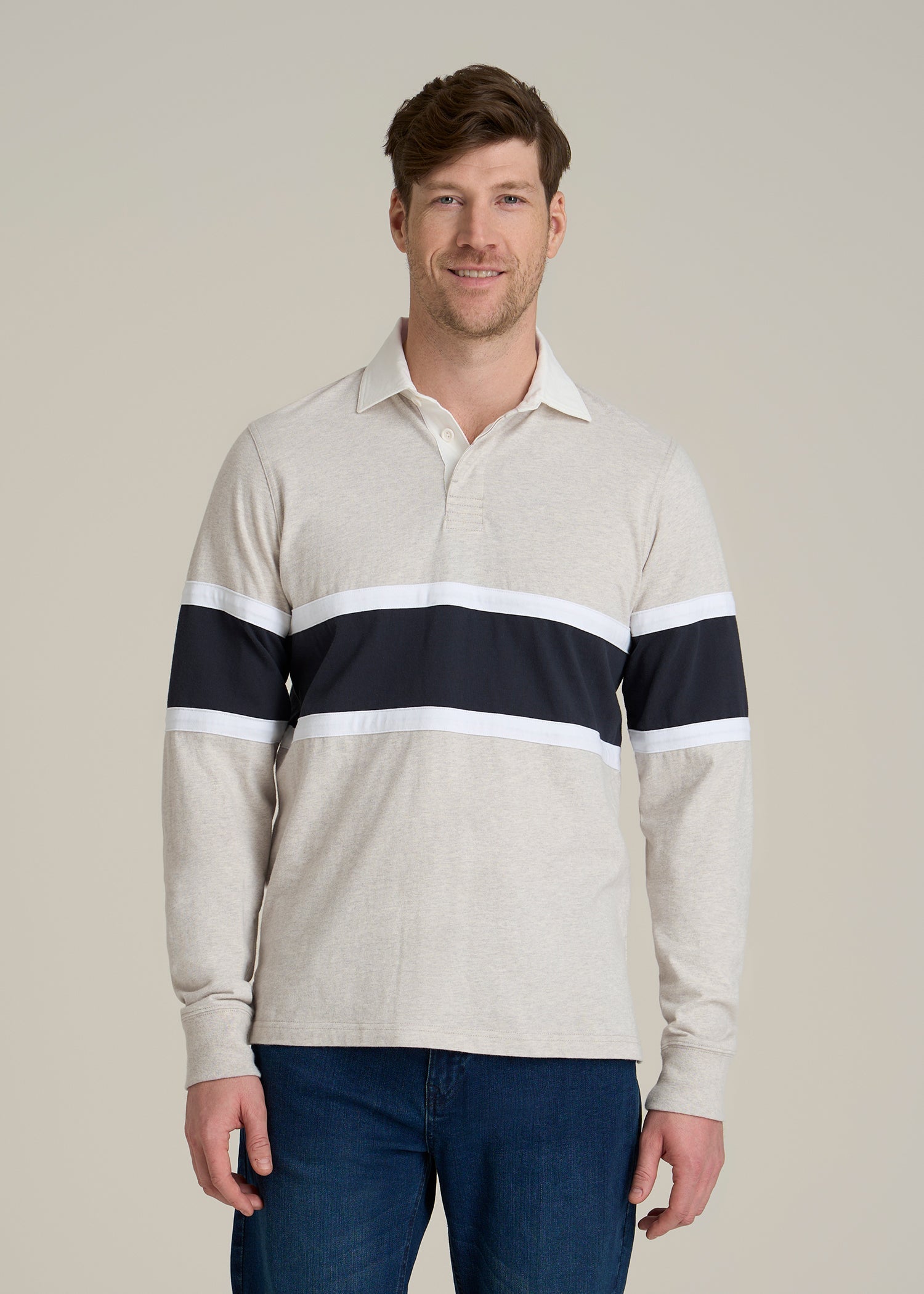 Rugby Long Sleeve Shirt for Tall Men in Oatmeal Heather Multi