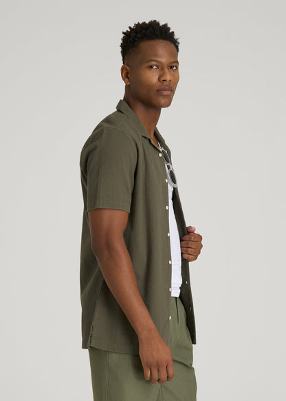 Seersucker Camp Collar Short Sleeve Shirt for Tall Men in Olive