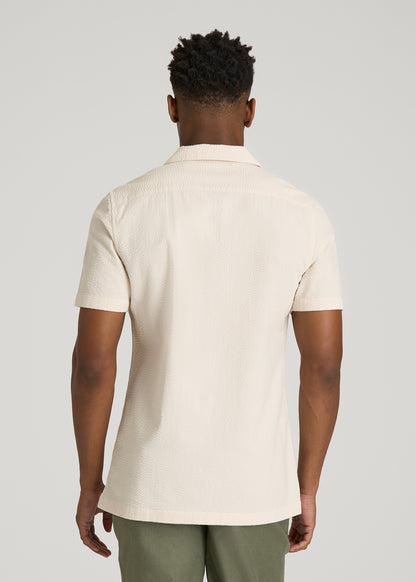 Seersucker Camp Collar Short Sleeve Shirt for Tall Men in White Sand