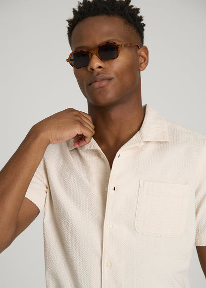 Seersucker Camp Collar Short Sleeve Shirt for Tall Men in White Sand