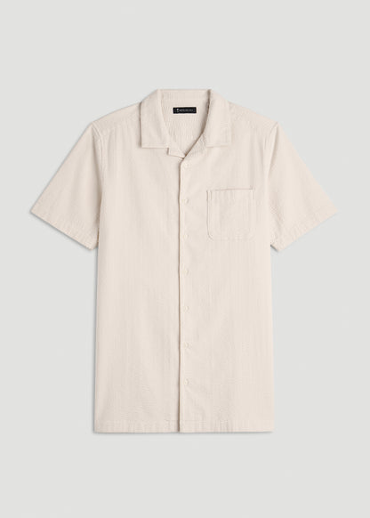 Seersucker Camp Collar Short Sleeve Shirt for Tall Men in White Sand