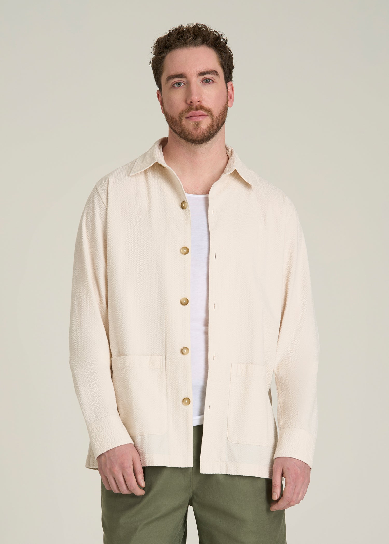 Seersucker Overshirt for Tall Men in White Sand