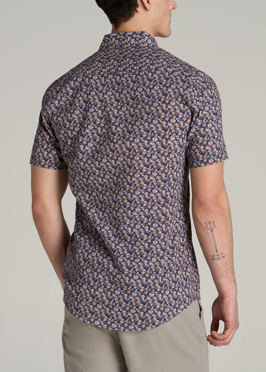 Seersucker Tall Men's Short Sleeve Shirt in Beige & Indigo Blossom Print