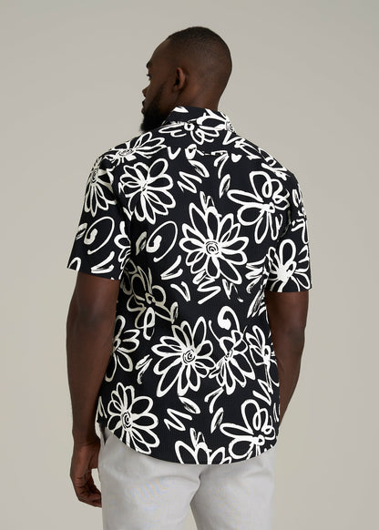 Seersucker Short Sleeve Shirt for Tall Men in Black and White Floral