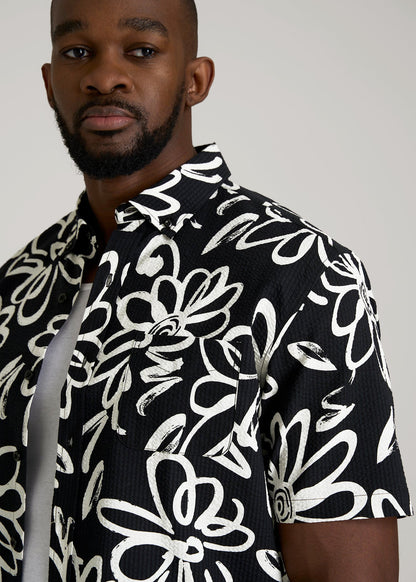 Seersucker Short Sleeve Shirt for Tall Men in Black and White Floral