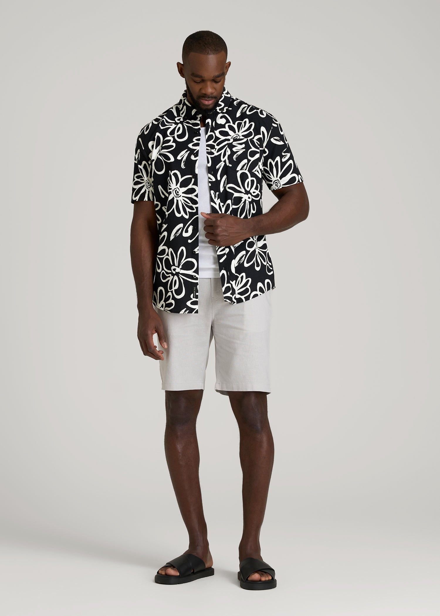 black and white dress shorts Seersucker Short Sleeve Shirt for Tall Men in Black and White Floral L / Tall / Black and White Floral
