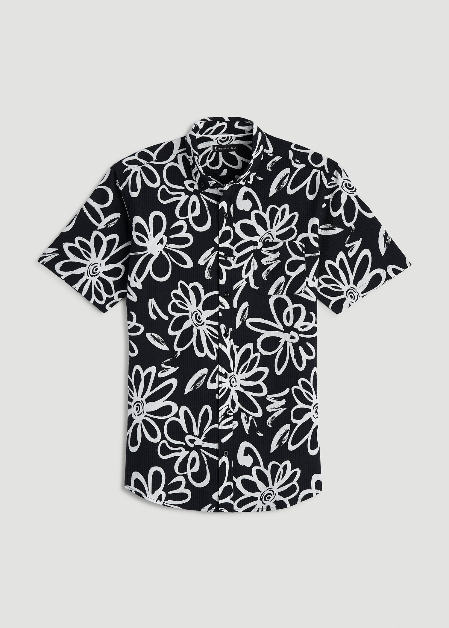 Seersucker Short Sleeve Shirt for Tall Men in Black and White Floral