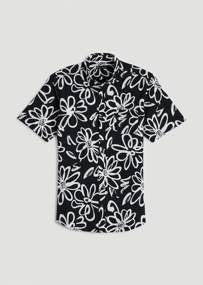 Seersucker Short Sleeve Shirt for Tall Men in Black and White Floral