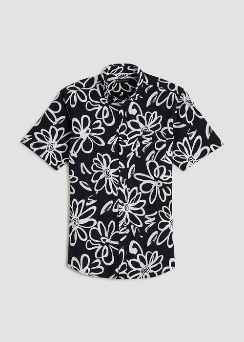 Seersucker Short Sleeve Shirt for Tall Men in Black and White Floral