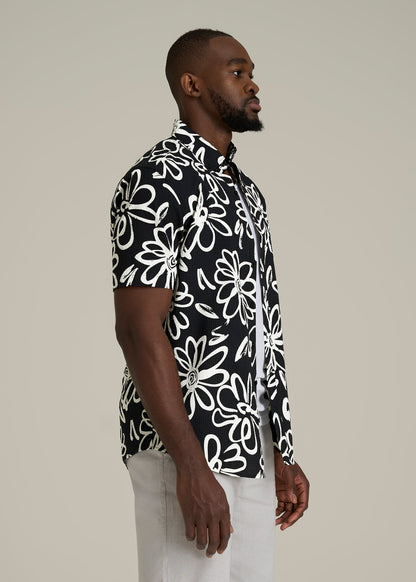 Seersucker Short Sleeve Shirt for Tall Men in Black and White Floral