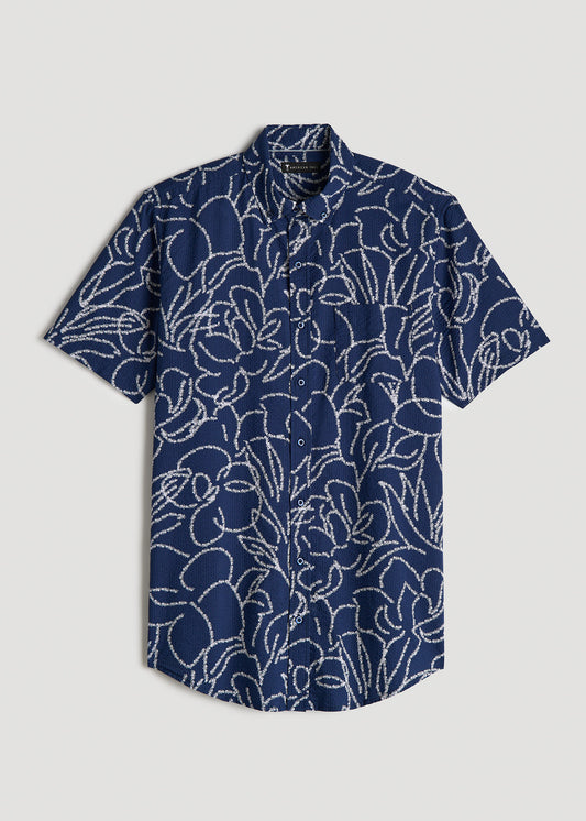 Seersucker Tall Men's Short Sleeve Shirt in Navy Botanist Print