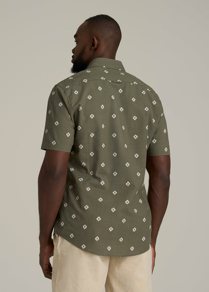 Seersucker Short Sleeve Shirt for Tall Men in Olive and Beige Floral