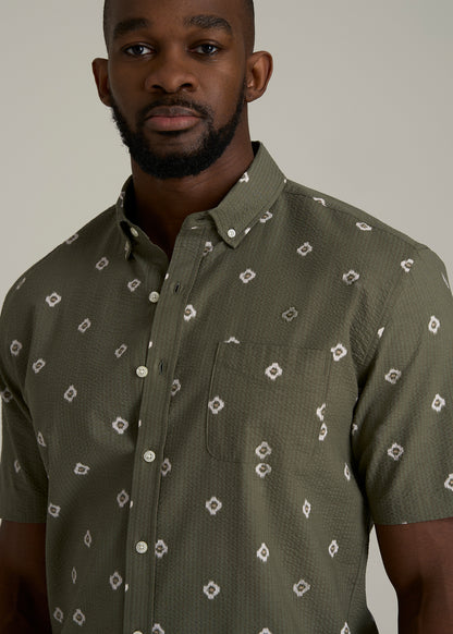 Seersucker Short Sleeve Shirt for Tall Men in Olive and Beige Floral