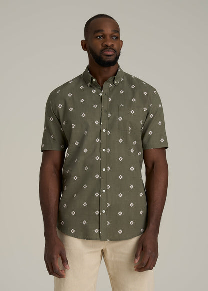 Seersucker Short Sleeve Shirt for Tall Men in Olive and Beige Floral