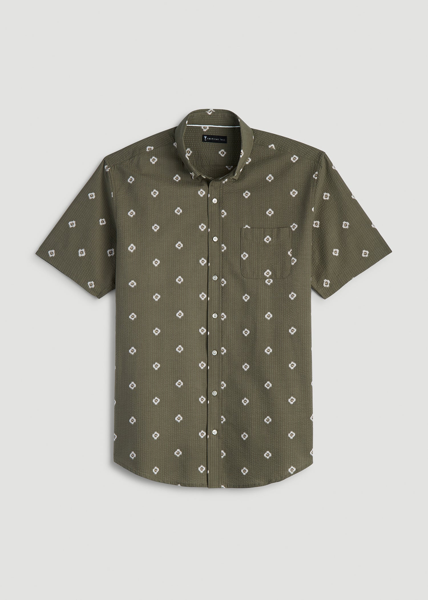 Seersucker Short Sleeve Shirt for Tall Men in Olive and Beige Floral