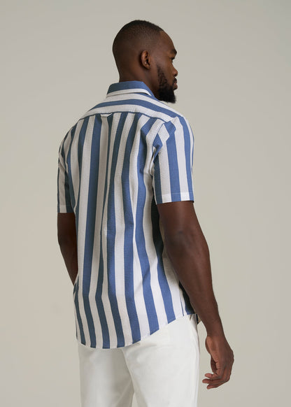 Seersucker Short Sleeve Shirt for Tall Men in Periwinkle Blue Stripe