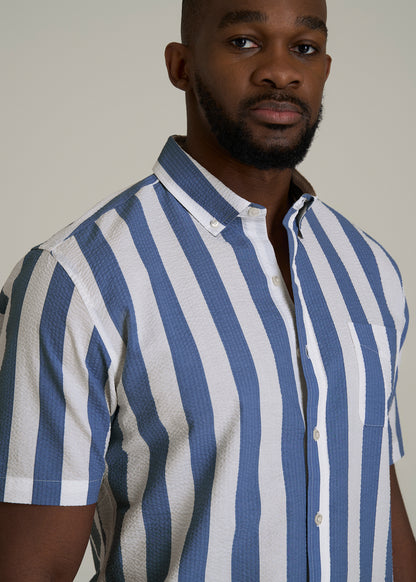 Seersucker Short Sleeve Shirt for Tall Men in Periwinkle Blue Stripe