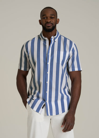 Seersucker Short Sleeve Shirt for Tall Men in Periwinkle Blue Stripe