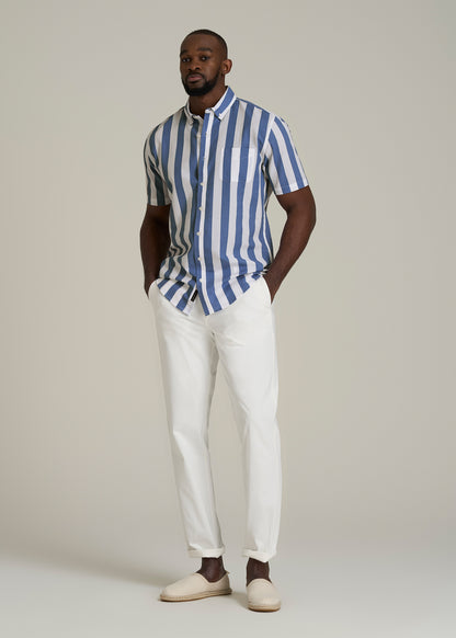 Seersucker Short Sleeve Shirt for Tall Men in Periwinkle Blue Stripe