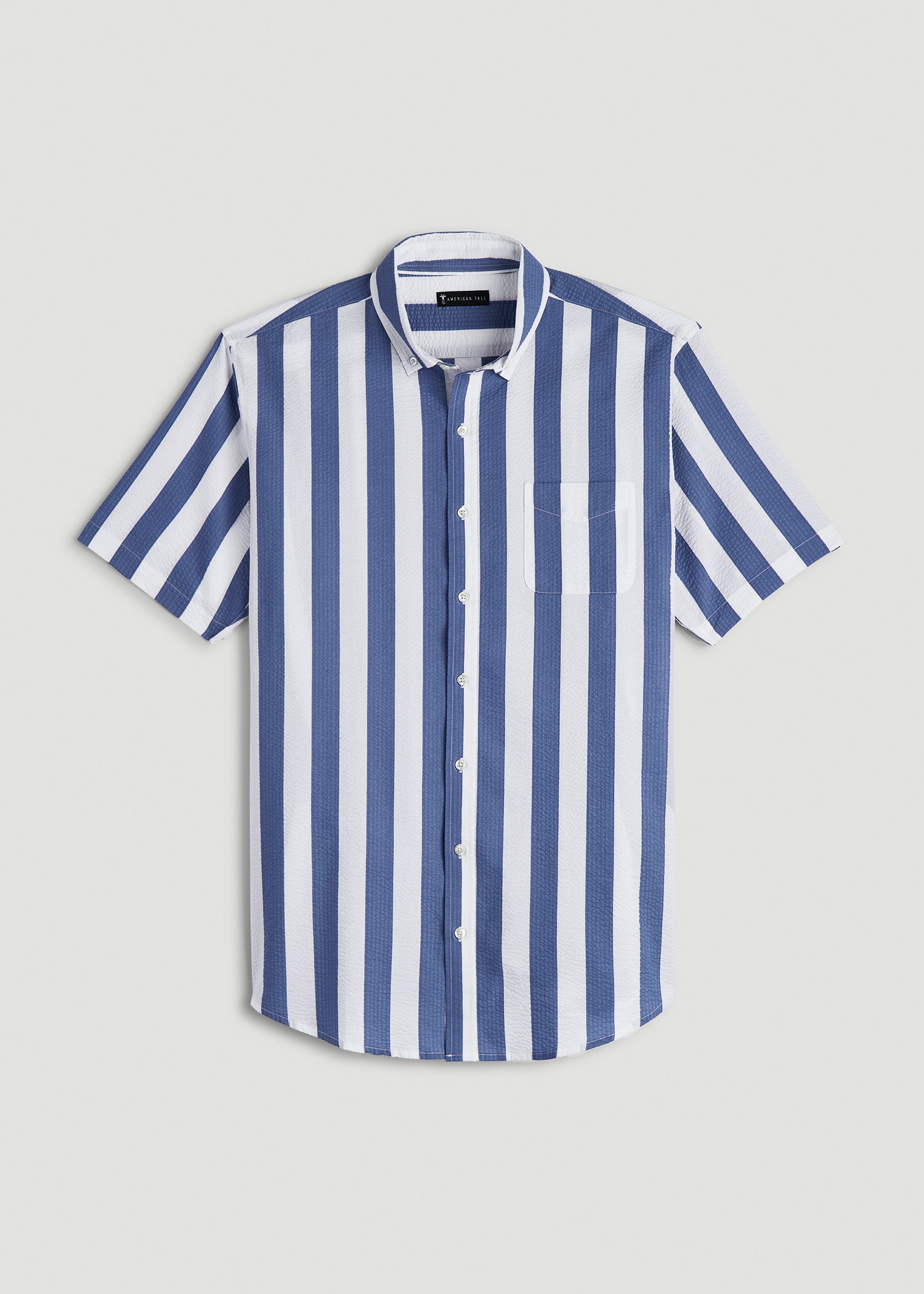 Seersucker Short Sleeve Shirt for Tall Men in Periwinkle Blue Stripe