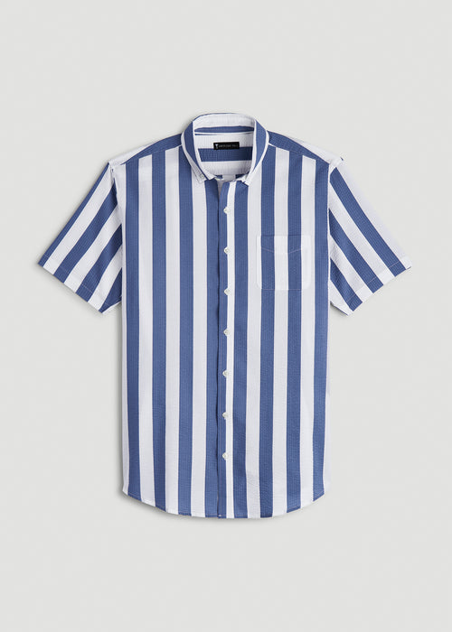 Seersucker Short Sleeve Shirt for Tall Men in Periwinkle Blue Stripe