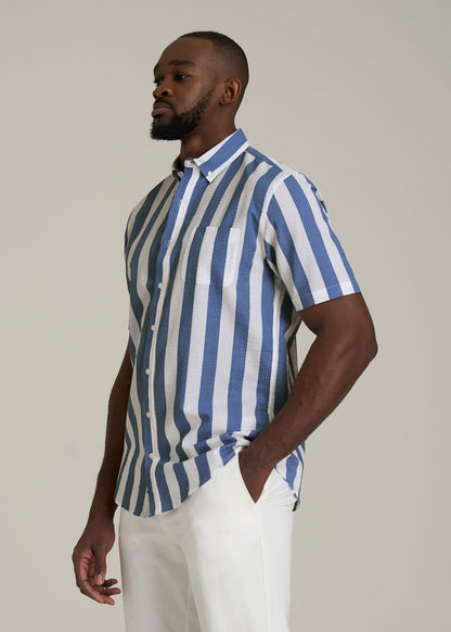 Seersucker Short Sleeve Shirt for Tall Men in Periwinkle Blue Stripe