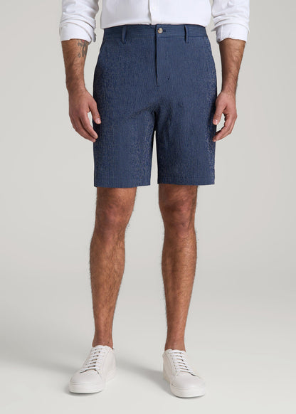 Seersucker Shorts for Tall Men in Navy and Off White Stripe