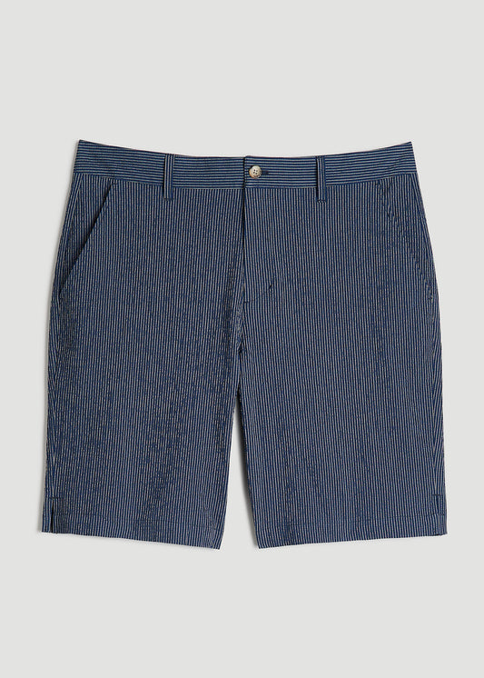 Seersucker Shorts for Tall Men in Navy and Off White Stripe