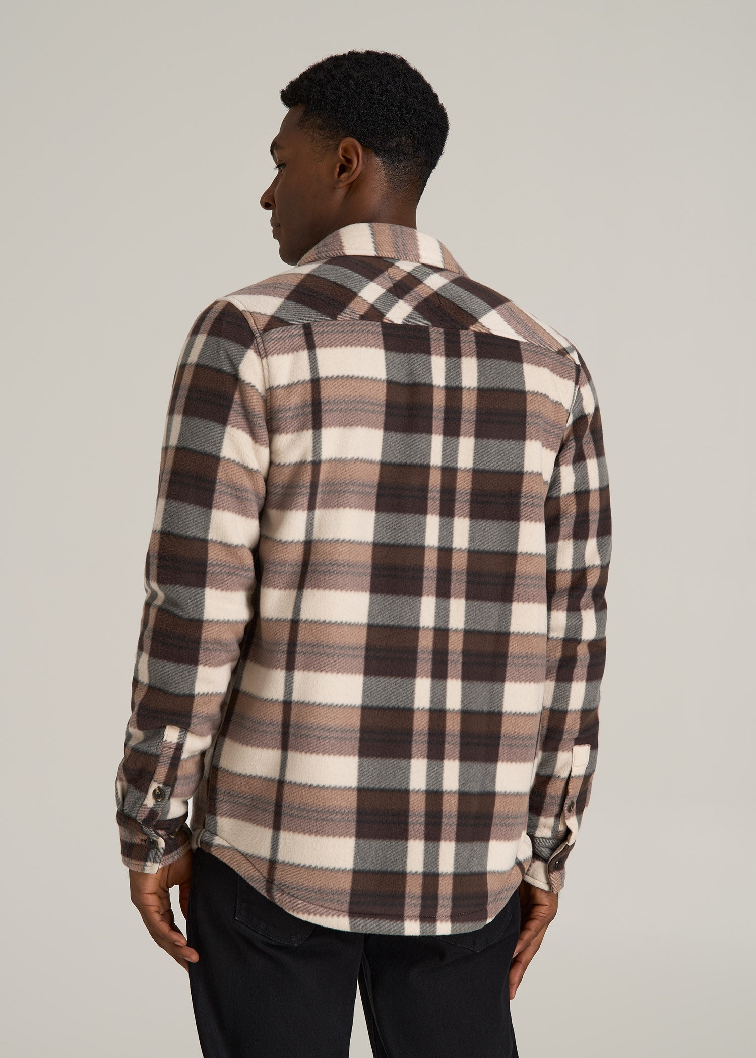 Sherpa-Lined Fleece Overshirt for Tall Men in Beige Tartan