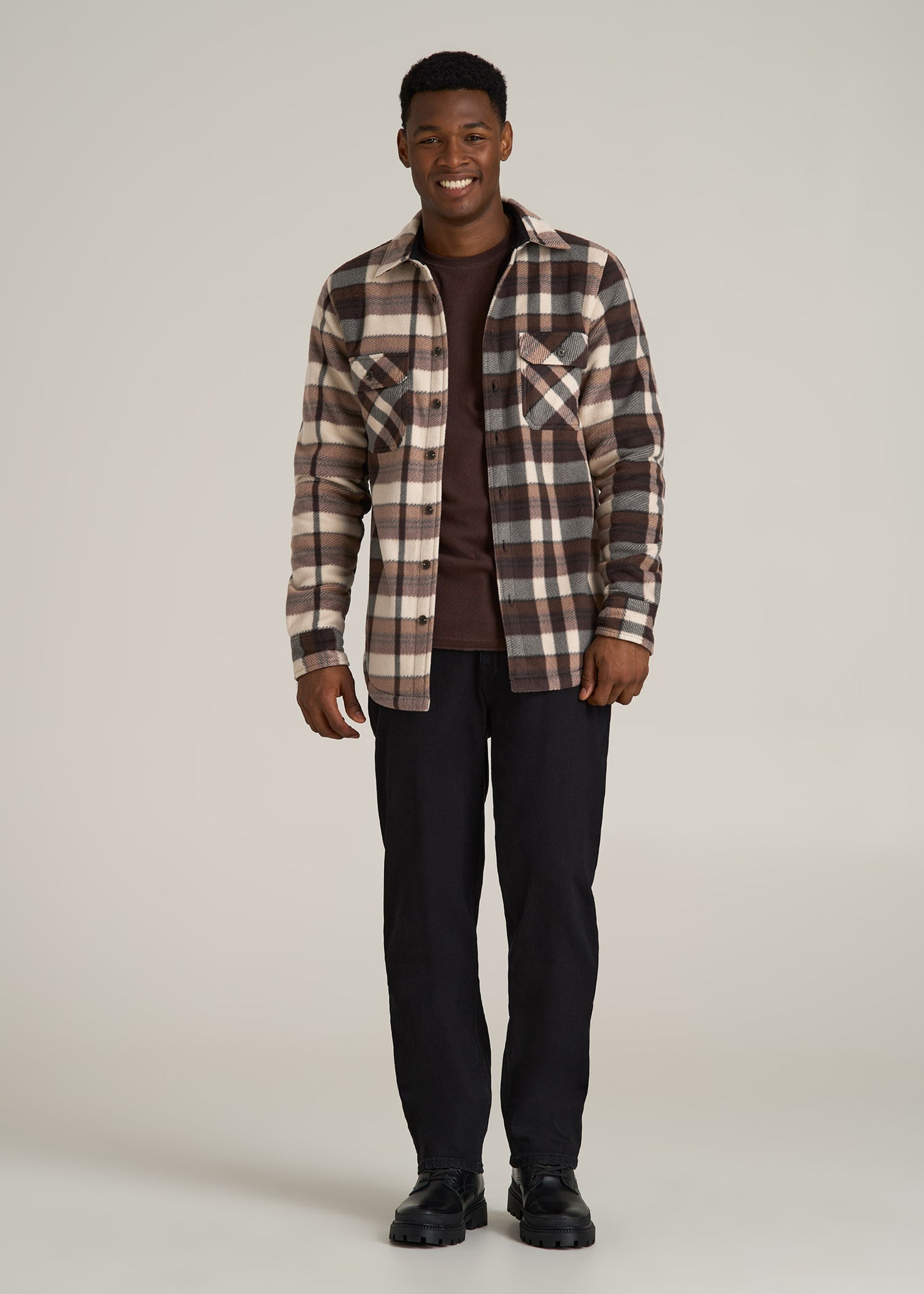 Sherpa-Lined Fleece Overshirt for Tall Men in Beige Tartan