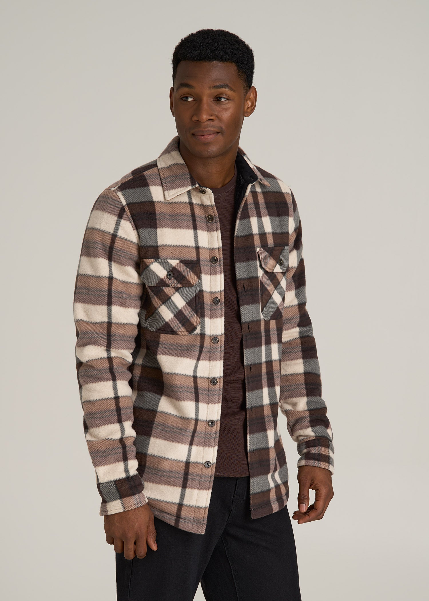 Sherpa-Lined Fleece Overshirt for Tall Men in Beige Tartan