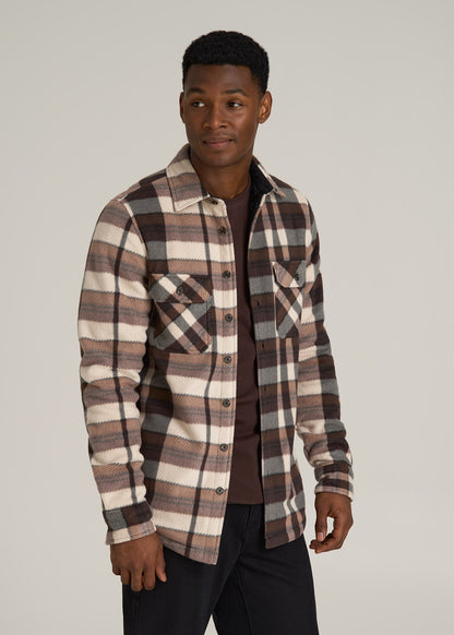 Sherpa-Lined Fleece Overshirt for Tall Men in Beige Tartan