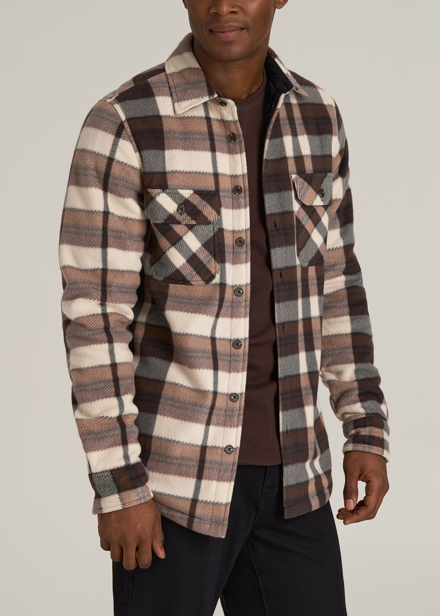 Sherpa-Lined Fleece Overshirt for Tall Men in Beige Tartan