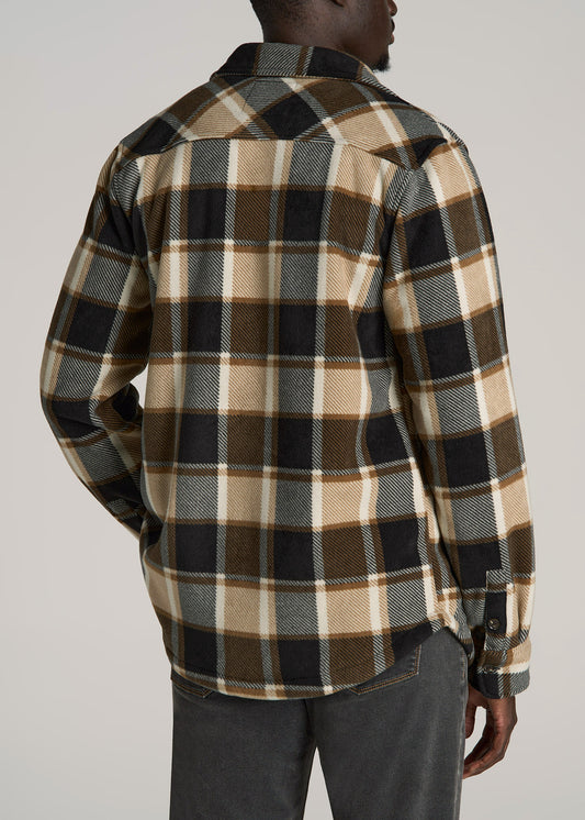 Sherpa-Lined Fleece Overshirt for Tall Men in Browns Plaid