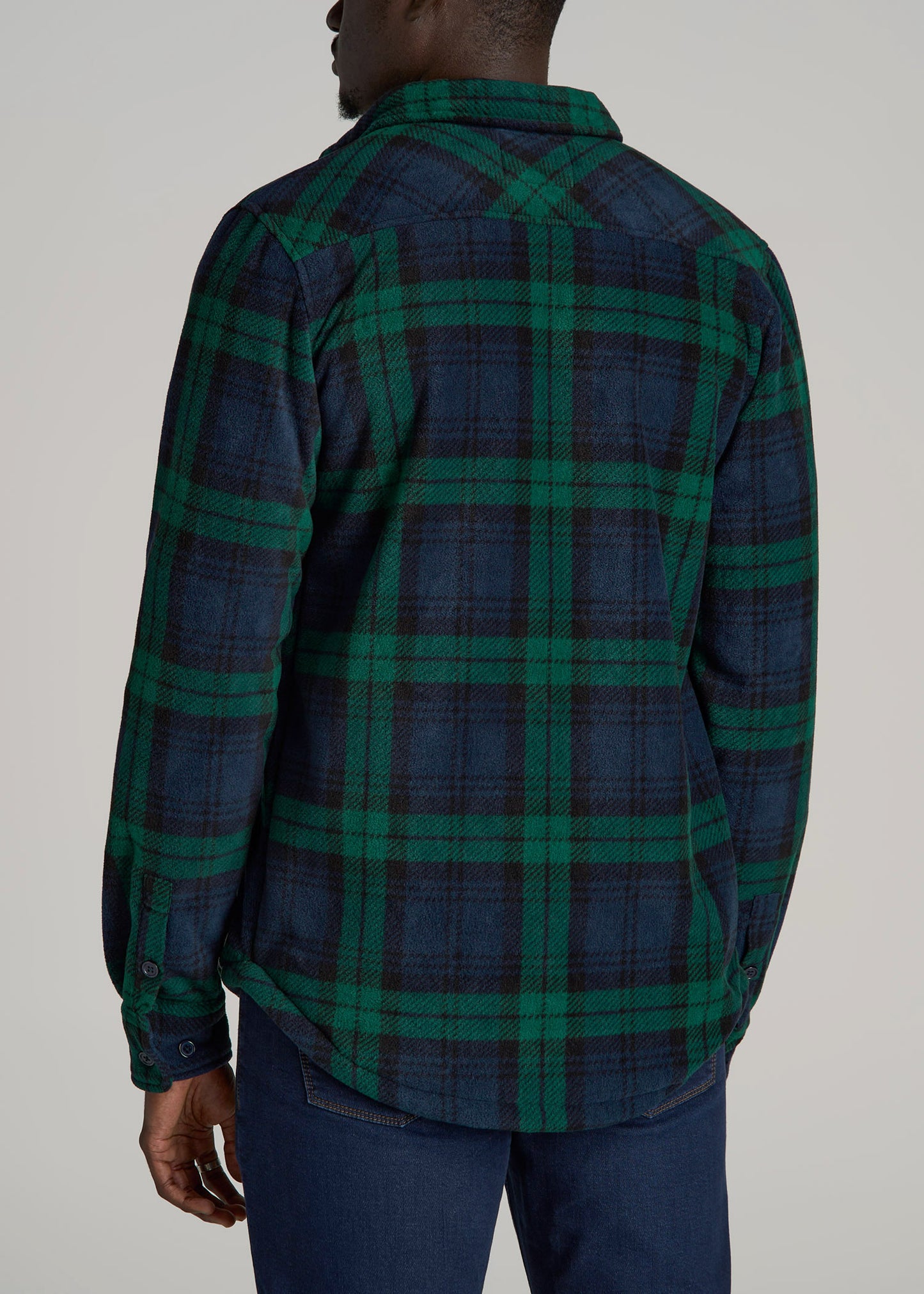 Sherpa-Lined Fleece Overshirt for Tall Men in Dark Blue & Green Plaid
