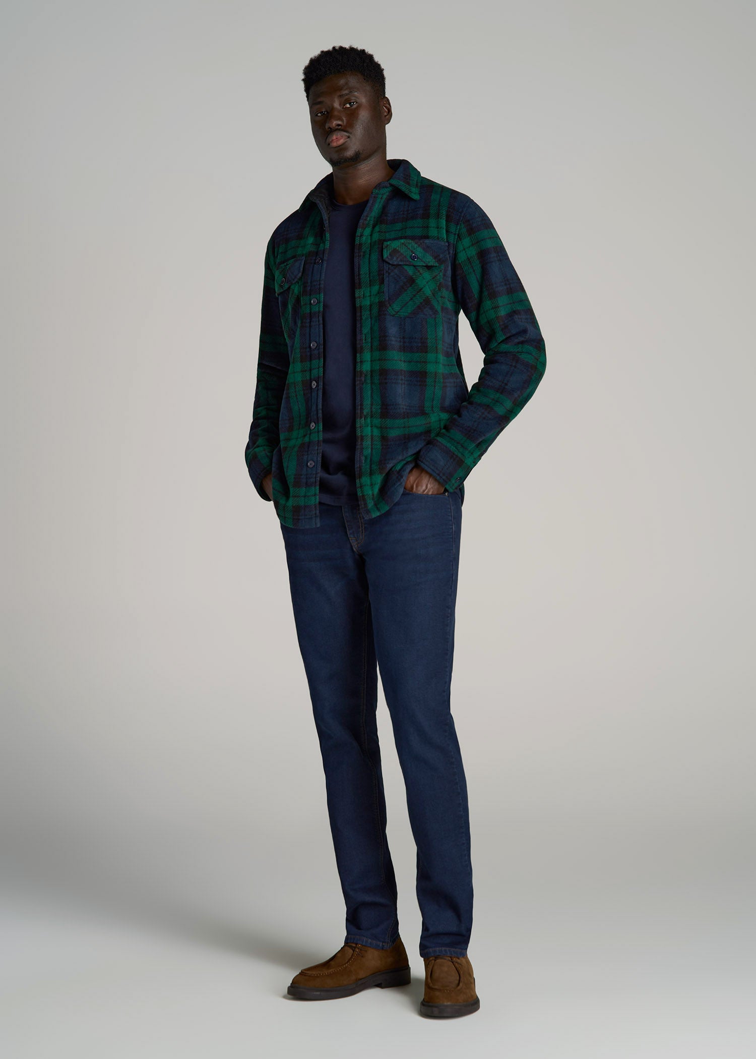 Sherpa-Lined Fleece Overshirt for Tall Men in Dark Blue & Green Plaid S / Tall / Dark Blue & Green Plaid