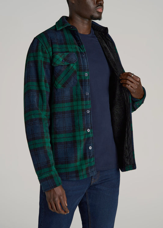 Sherpa-Lined Fleece Overshirt for Tall Men in Dark Blue & Green Plaid