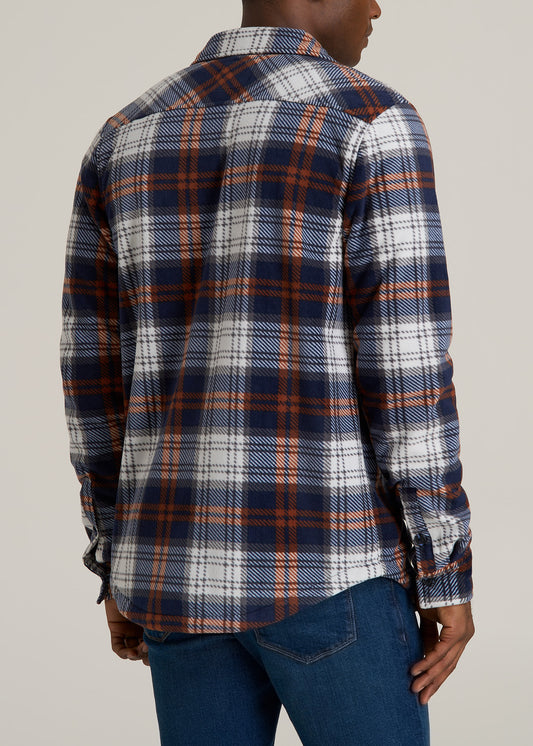 Sherpa-Lined Fleece Overshirt for Tall Men in Navy & Orange Plaid