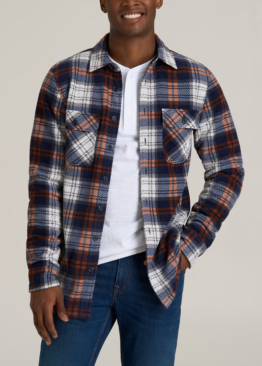 Sherpa-Lined Fleece Overshirt for Tall Men in Navy & Orange Plaid