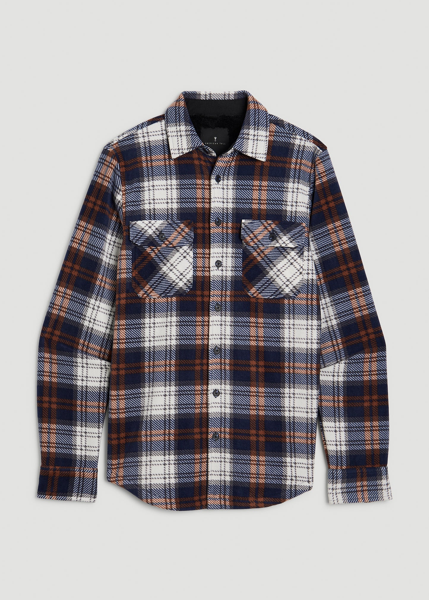 Sherpa-Lined Fleece Overshirt for Tall Men in Navy & Orange Plaid