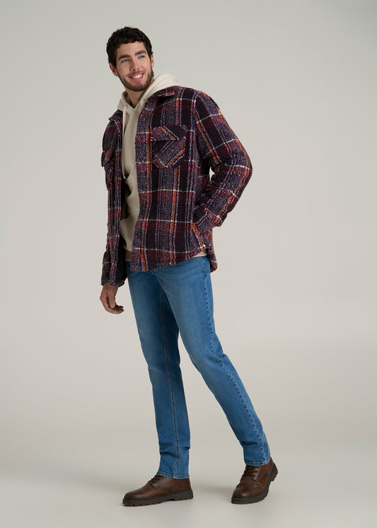 Tall Men's Sherpa Shirt Jacket in Burgundy and Navy Plaid