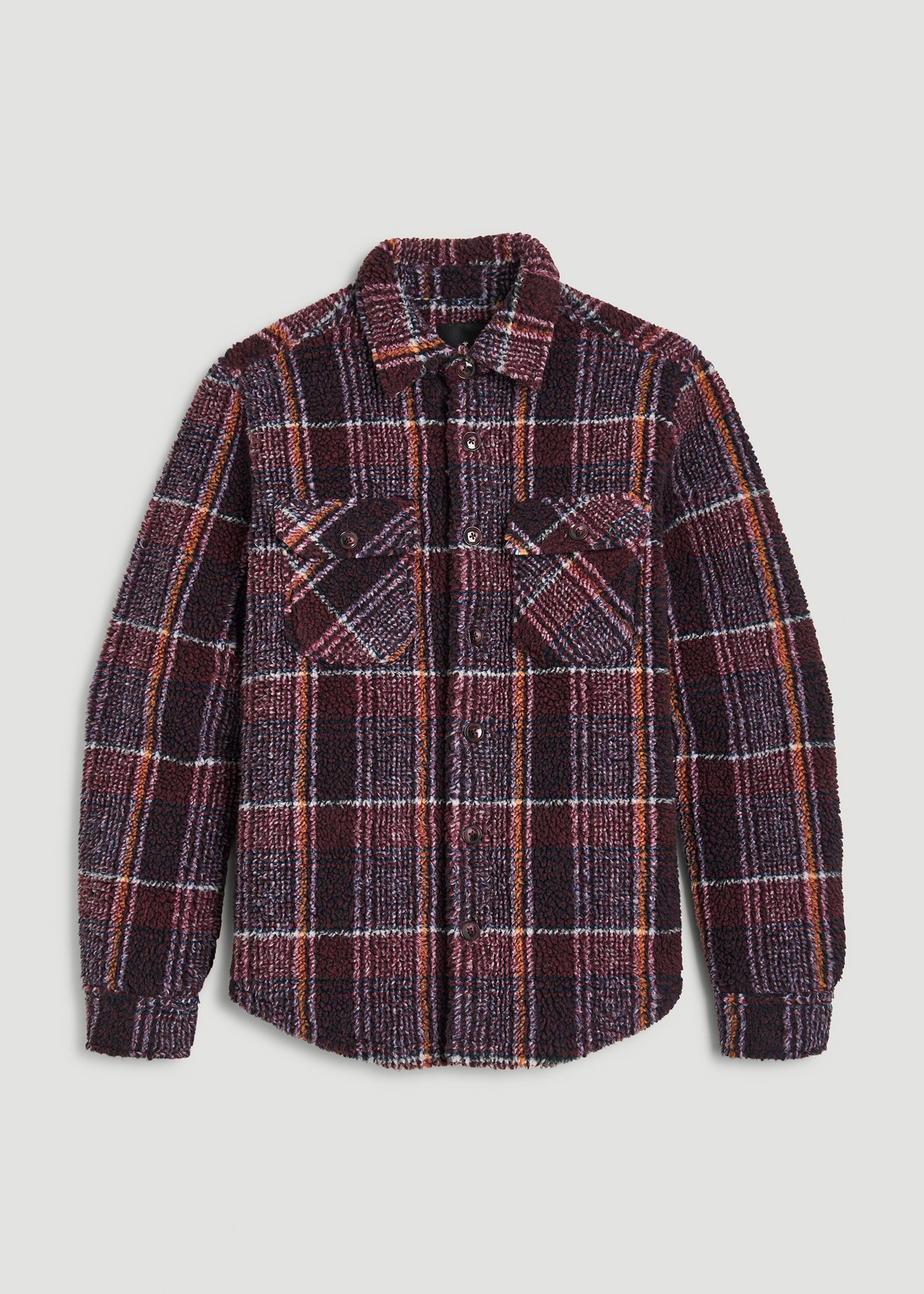 Sherpa Shirt Jacket for Tall Men in Burgundy and Navy Plaid