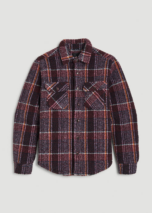 Sherpa Shirt Jacket for Tall Men in Burgundy and Navy Plaid