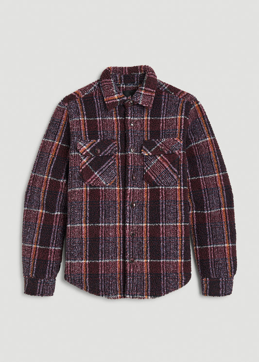 Tall Men's Sherpa Shirt Jacket in Burgundy and Navy Plaid