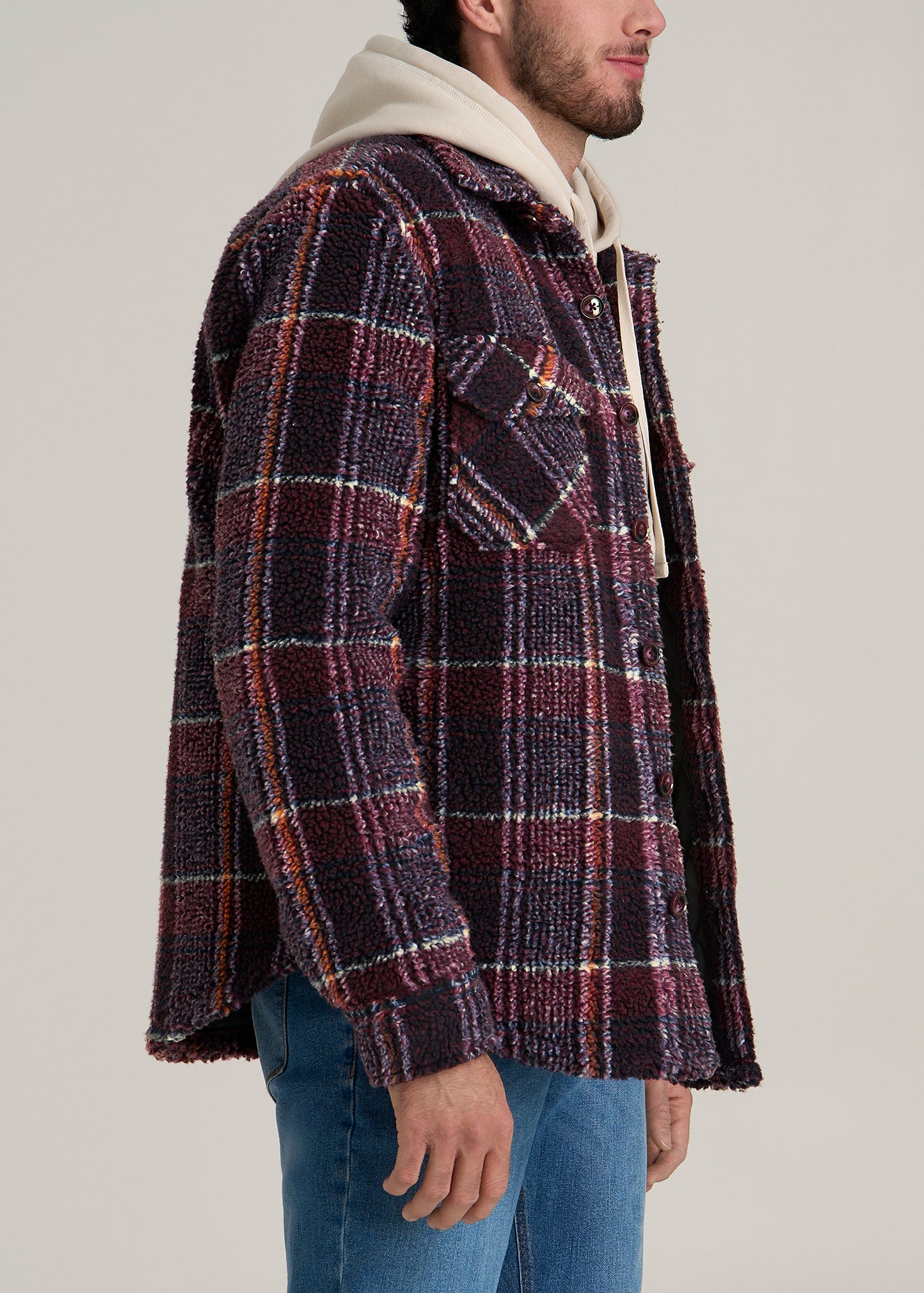 Tall Men's Sherpa Shirt Jacket in Burgundy and Navy Plaid